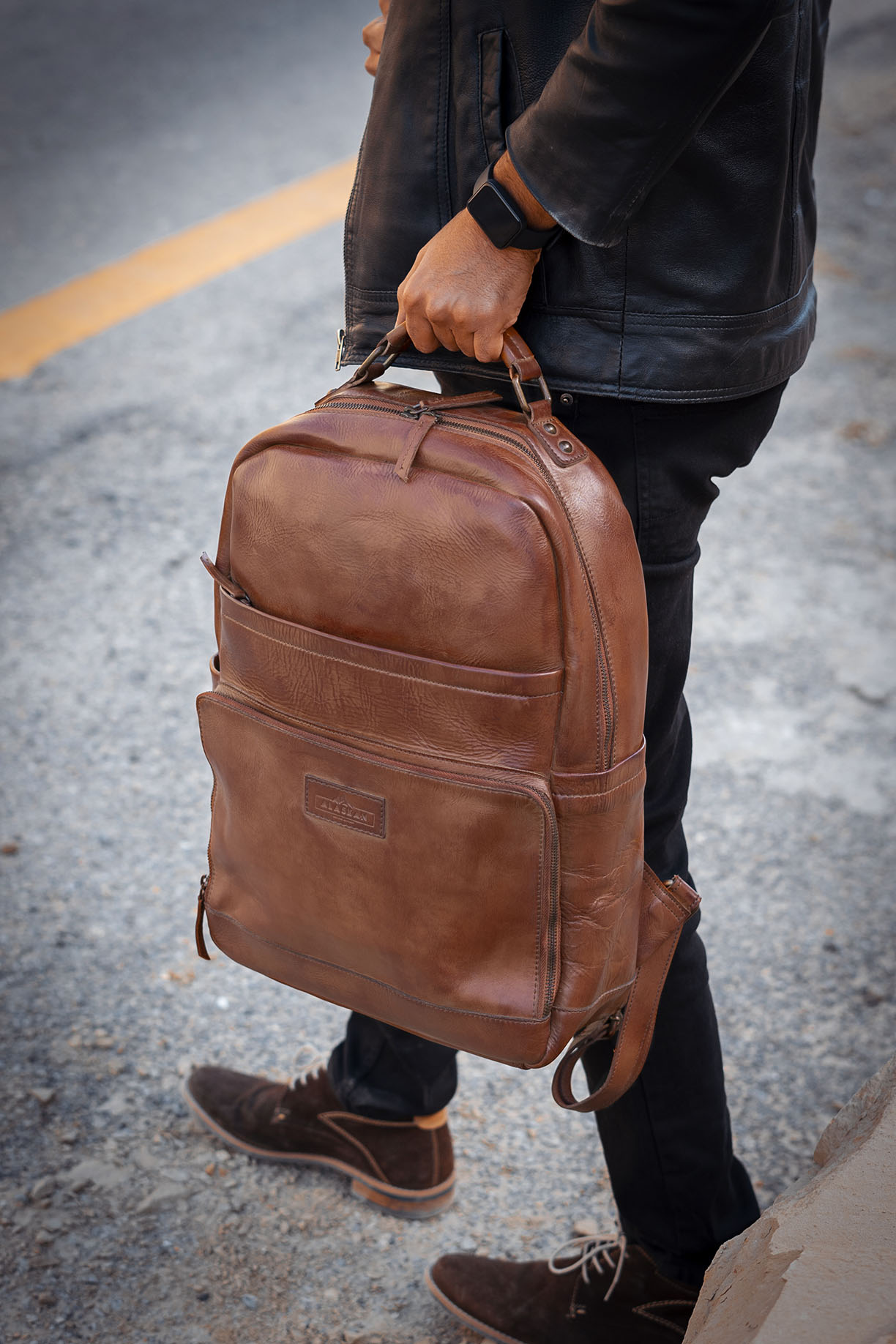 Flint Cognac Brown Leather Laptop Backpack